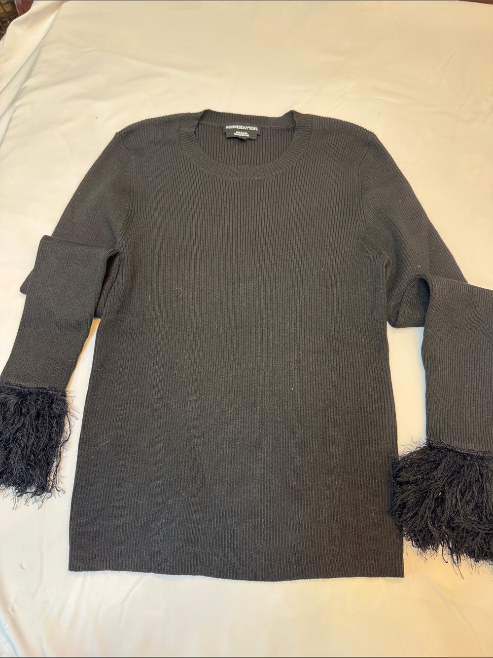 Wednesday’s girl black Feather-Cuff Ribbed Sweater